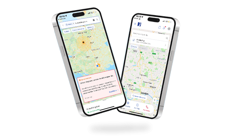 Two iPhones displaying screenshots from the International SOS app